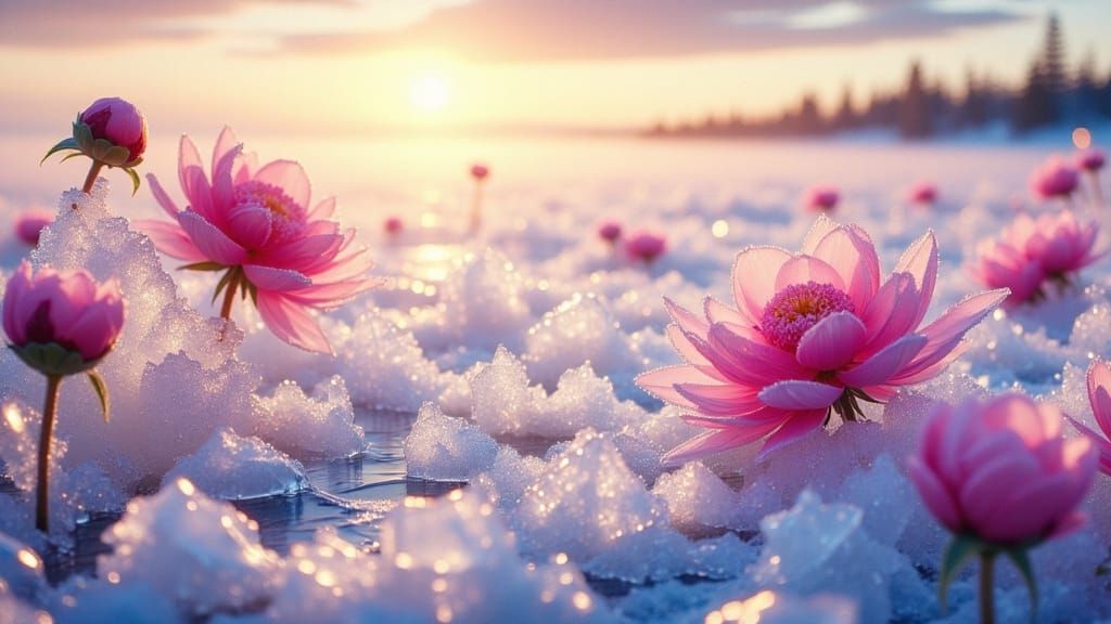 Crystal Peony Garden on Frozen Lake at Sunrise