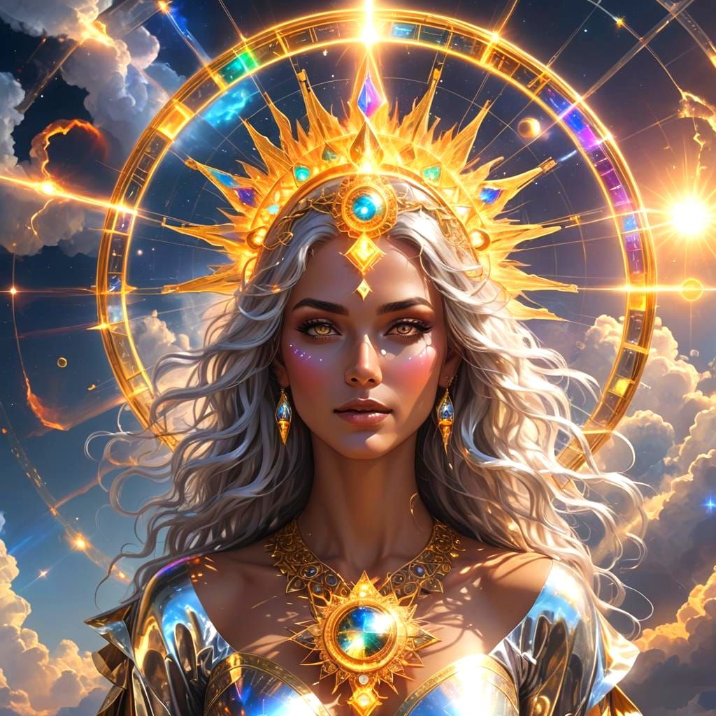 Celestial Sun Goddess Lounging on Cloud in Digital Art