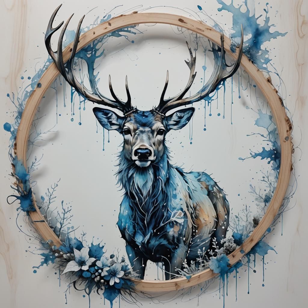 Blue Winter Deer Drawing in Carne Griffiths Style