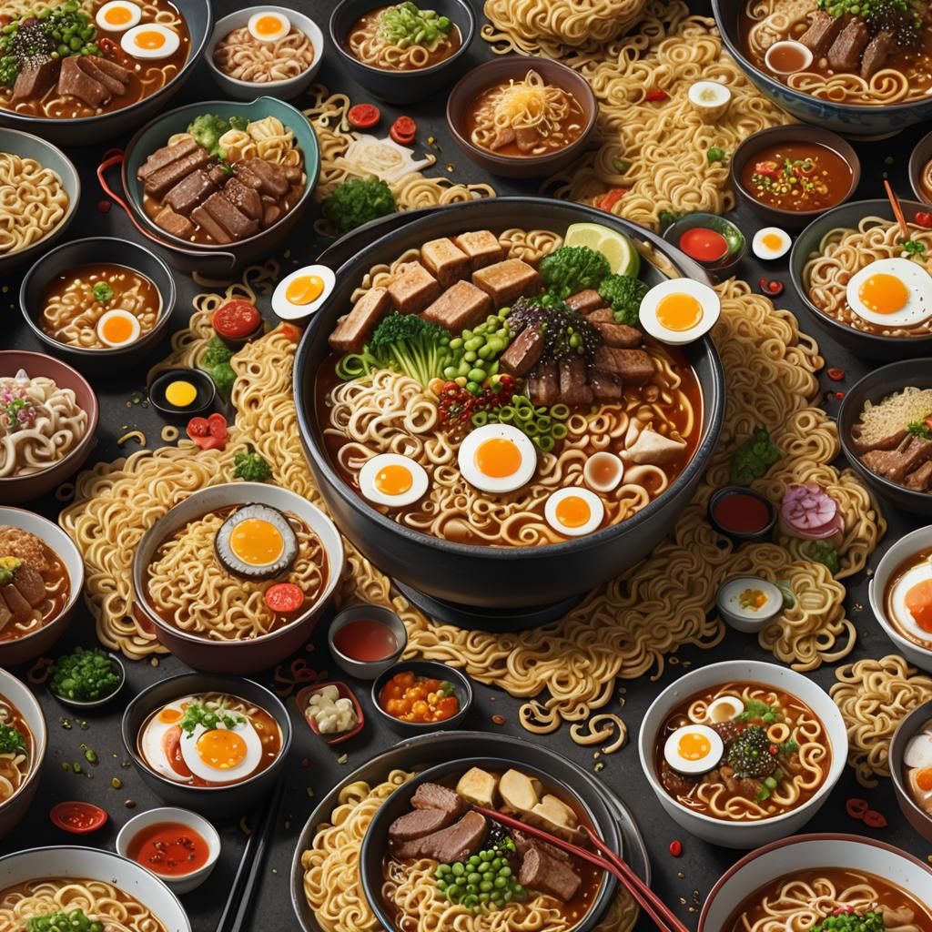 Comically Large Ramen in Detailed Digital Painting