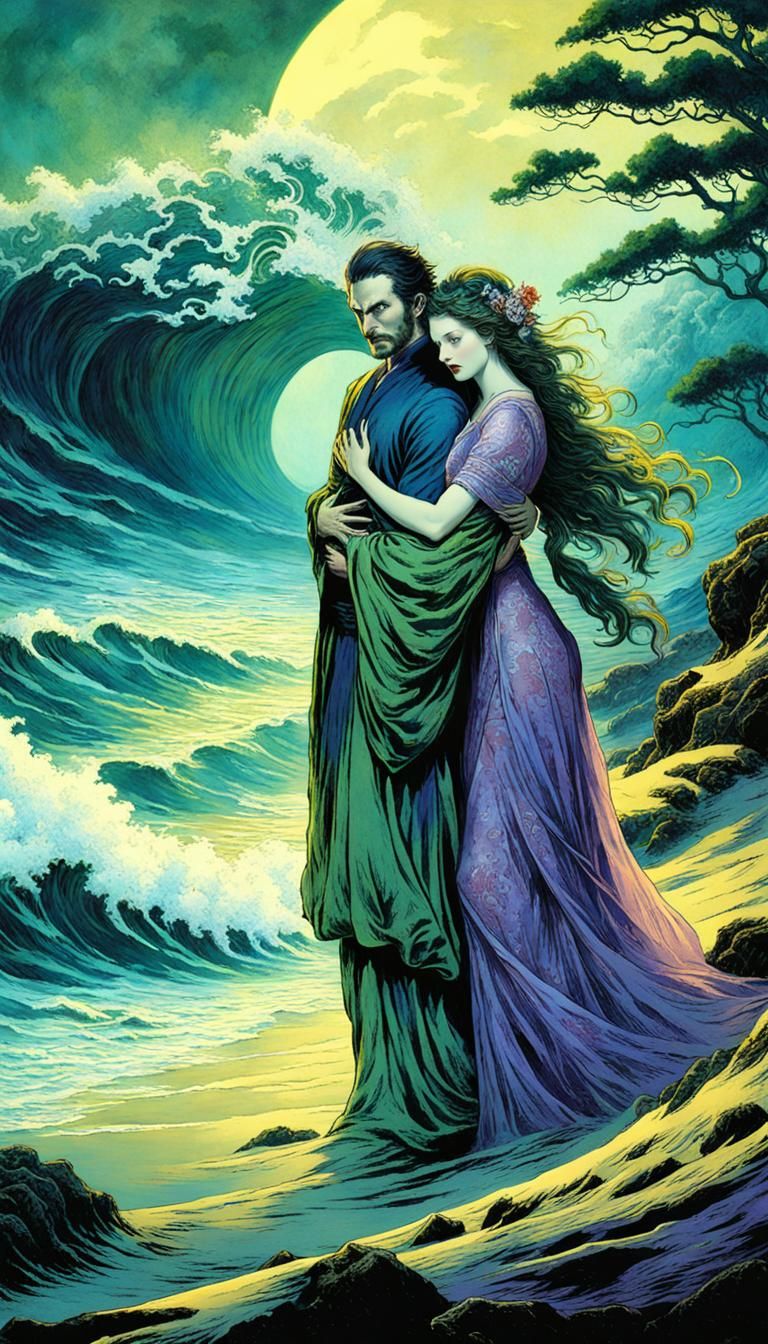 Embrace on Alien Beach in Dark Fantasy Style