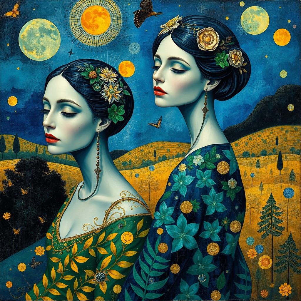 Surreal Mosaic of Women in Vibrant Blue, Green, and Yellow