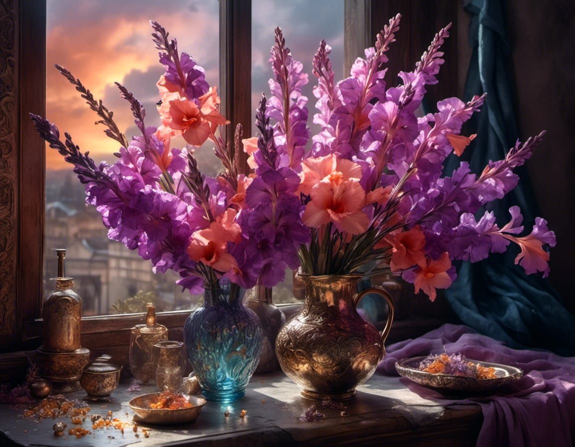 Still Life of Gladiolus and Lavender in Soft Light
