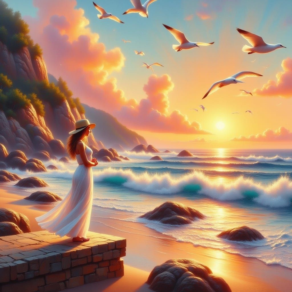 Coastal Sunset with Woman, in Impressionist Style