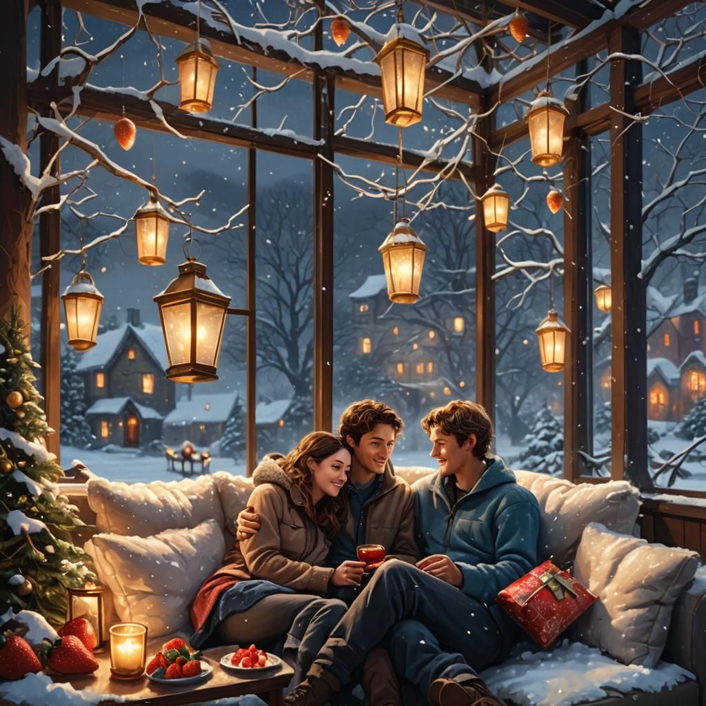 Cozy Couple Enjoying Snowy Evening: Fantasy Art