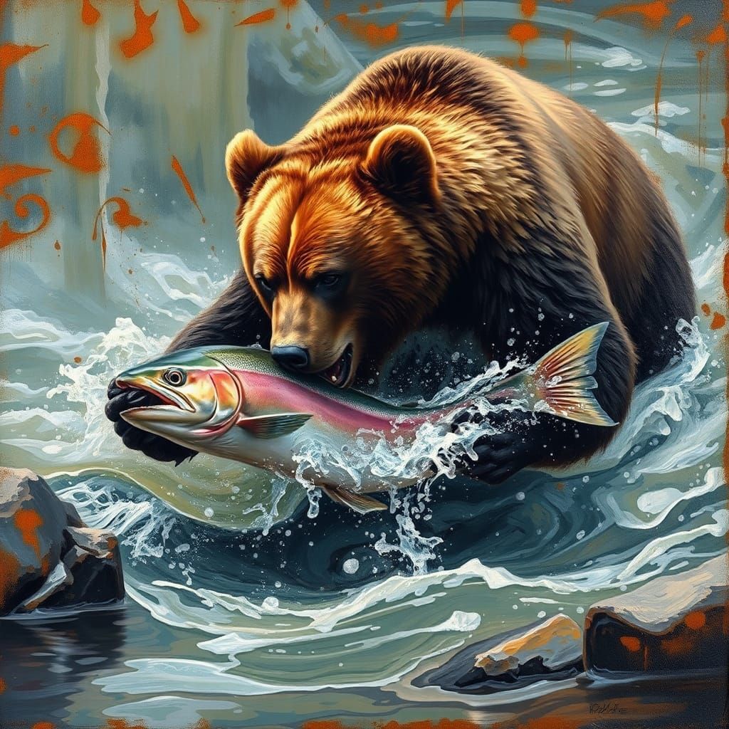 Bear Catching Salmon: Hyper-Realistic Expressionist Painting