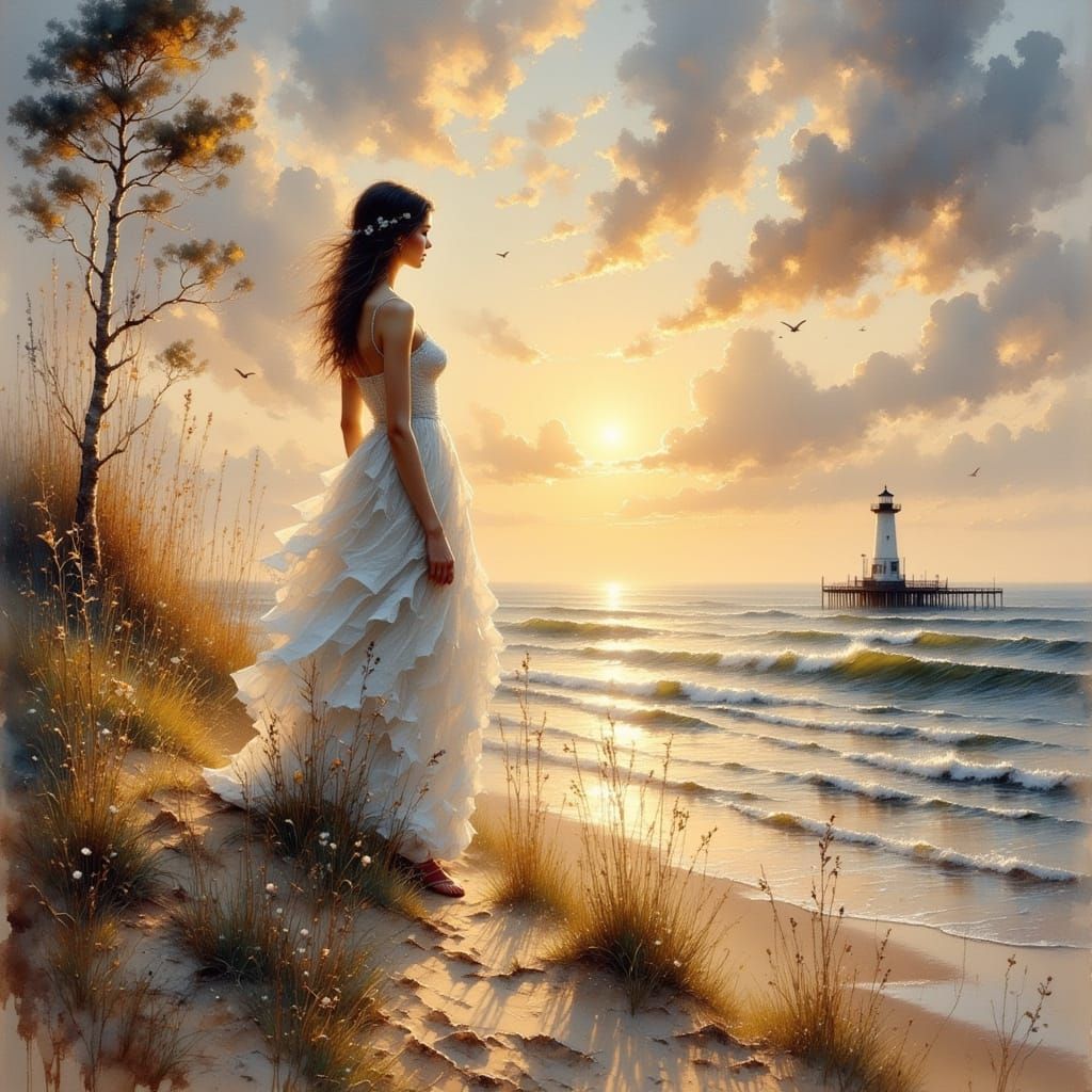Woman Gazing at Sunrise over Sea, in Watercolor Style
