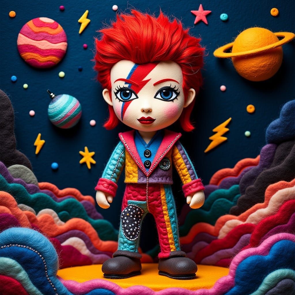 Ziggy Stardust Felt Portrait in Psychedelic Setting