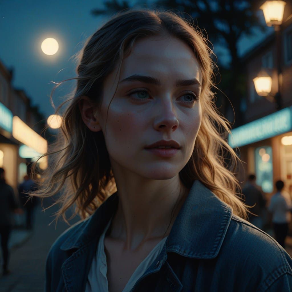 Young Woman in Moonlight: Vibrant Digital Art