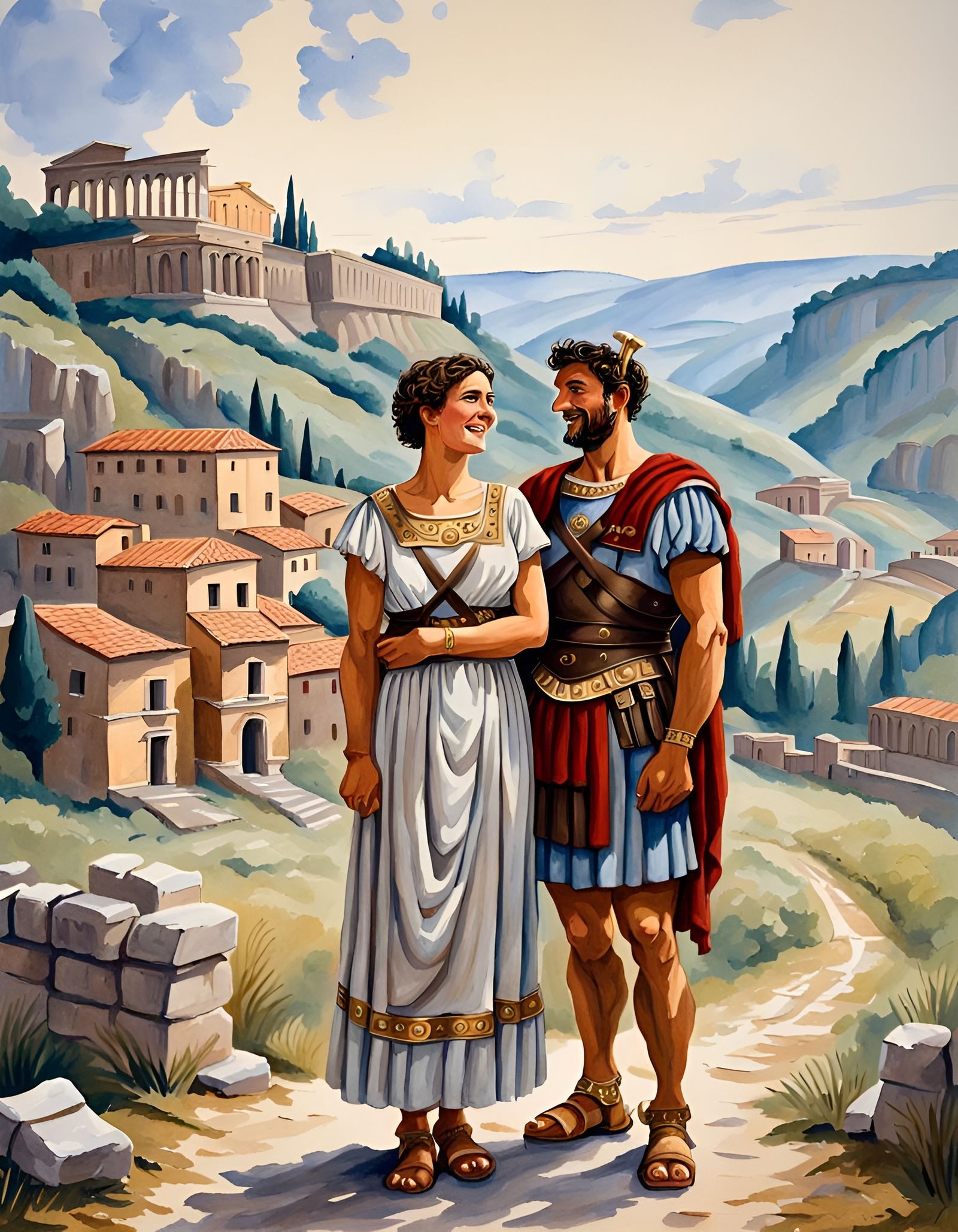 Happy Roman Couple in Detailed Gouache Painting