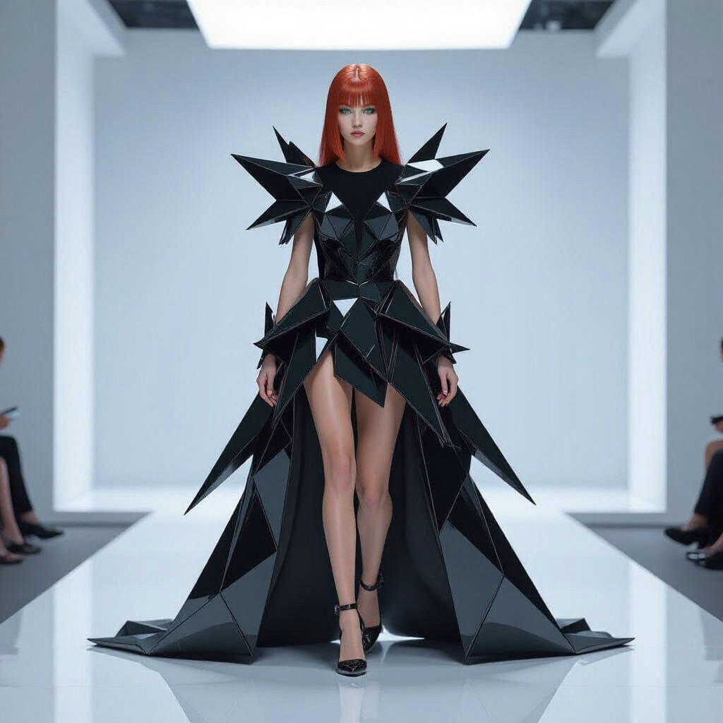 Futuristic Model in Geometric Obsidian Dress