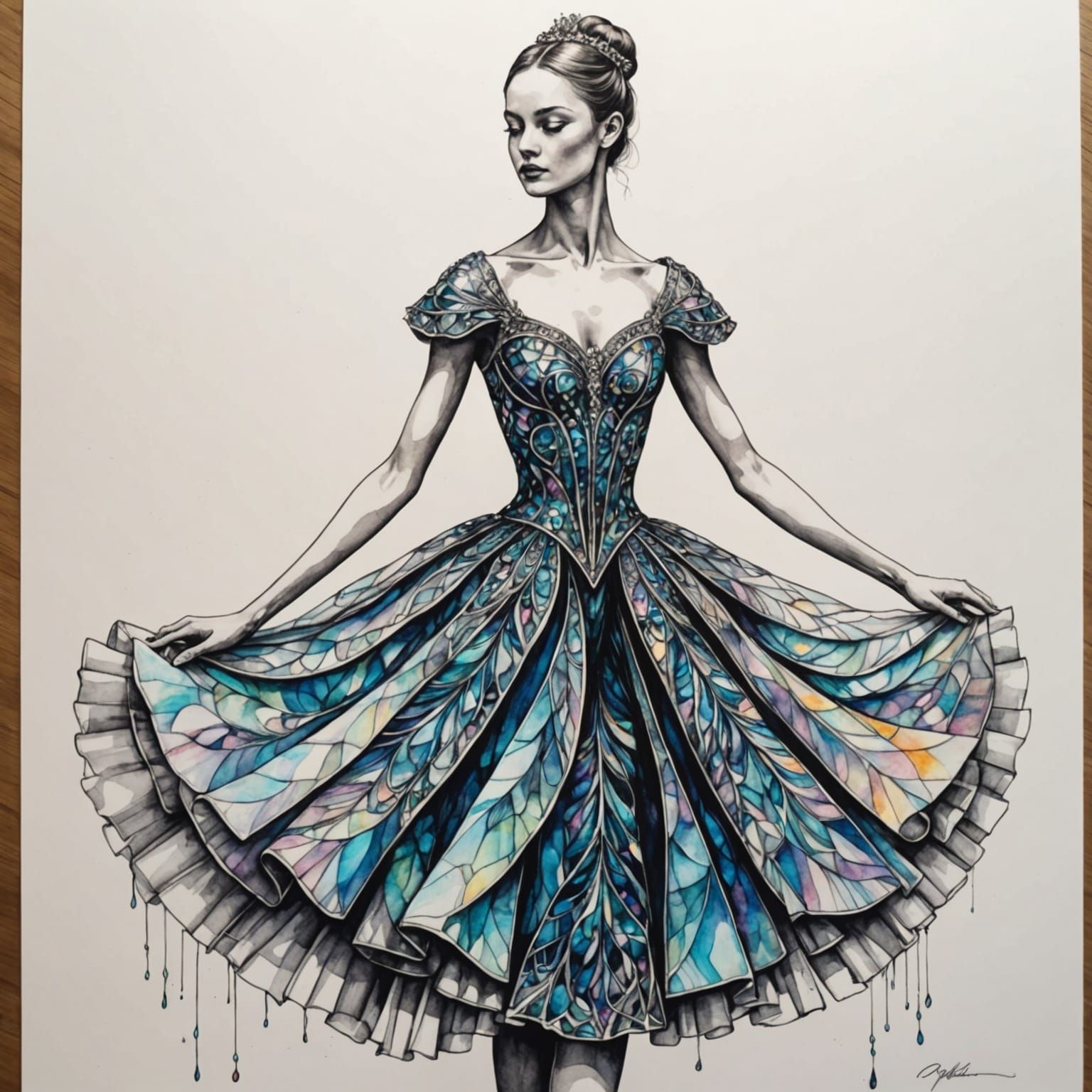 Ballerina in Iridescent Glass Gown, Intricate Ink Drawing