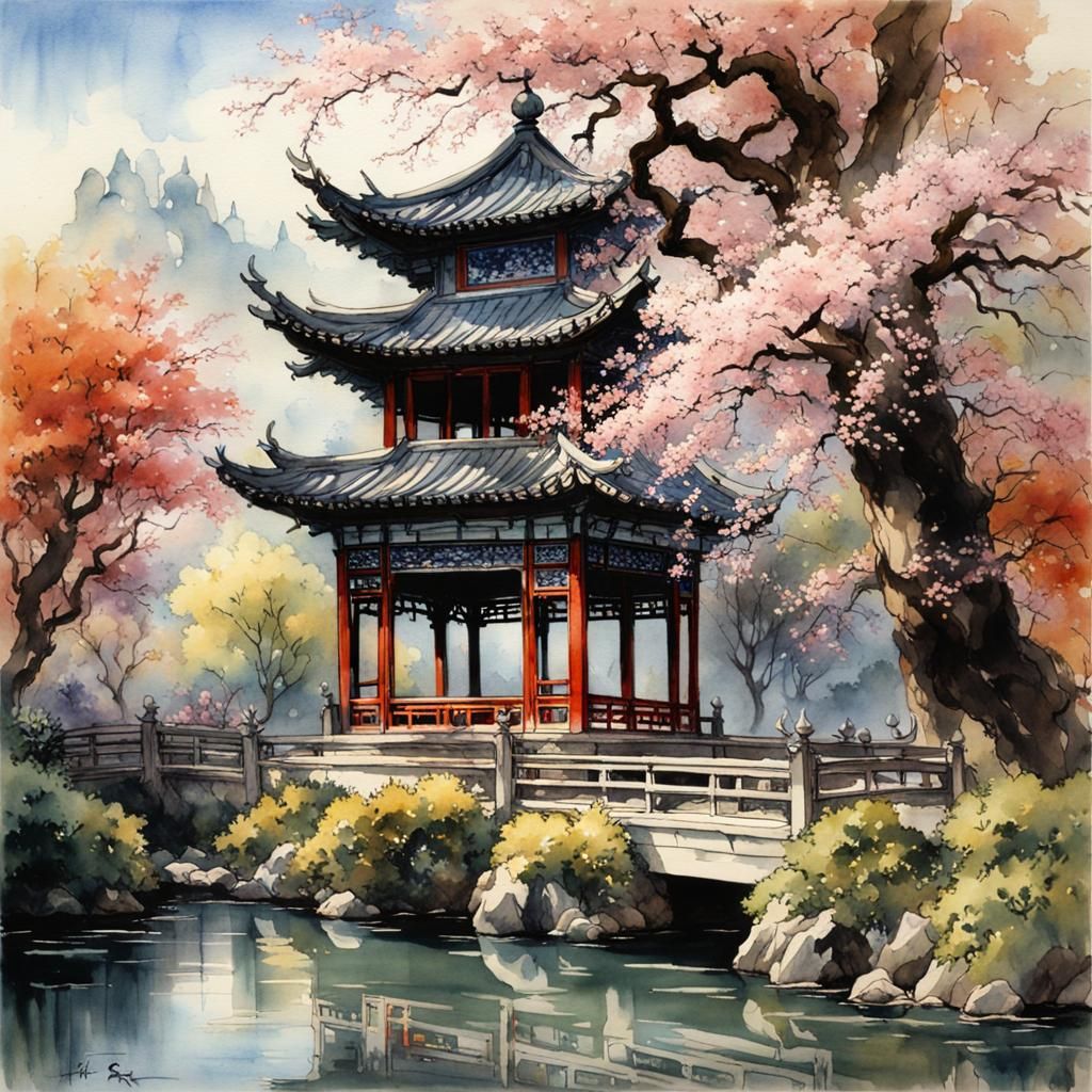 Chinese Pavilion in Watercolor with Cherry Trees
