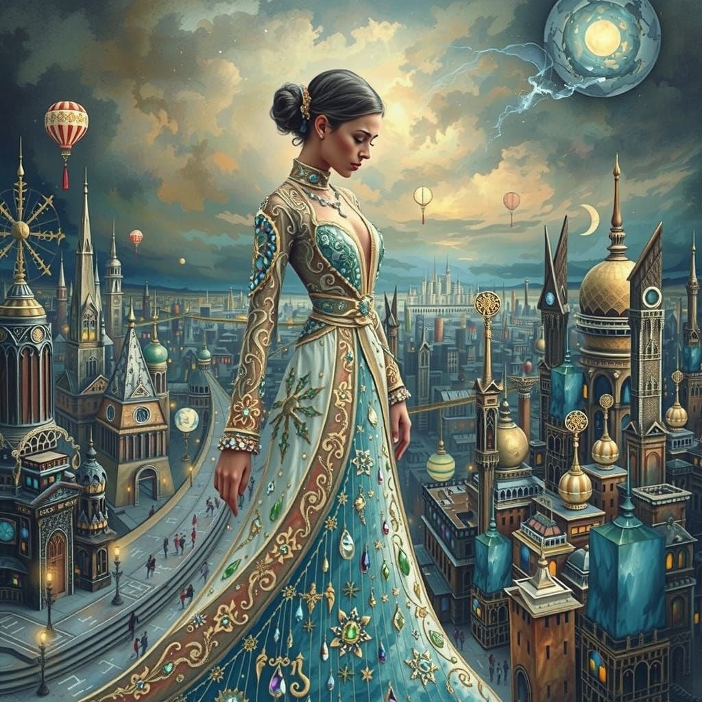 Ethereal Beauty in Iridescent Robes Amidst Surreal Cityscape