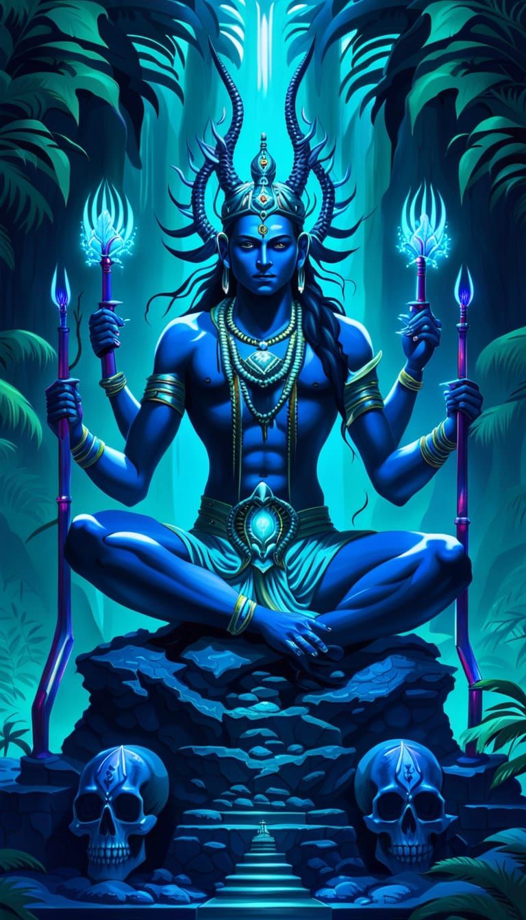 Anime Lord Shiva in Futuristic Jungle Pond