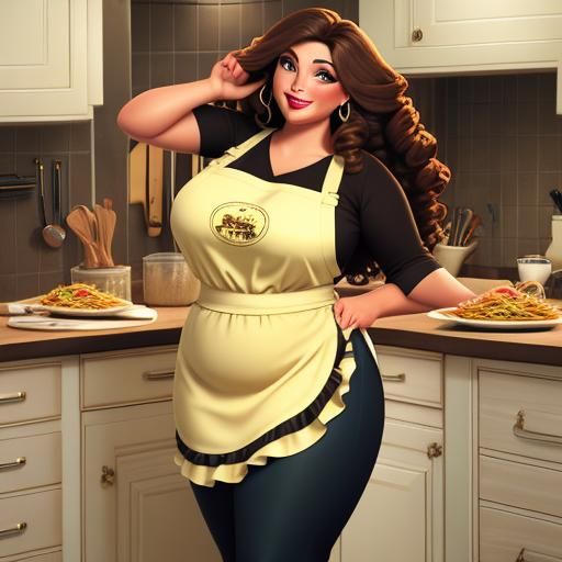 Curvy Woman Making Spaghetti in Elaborate Kitchen