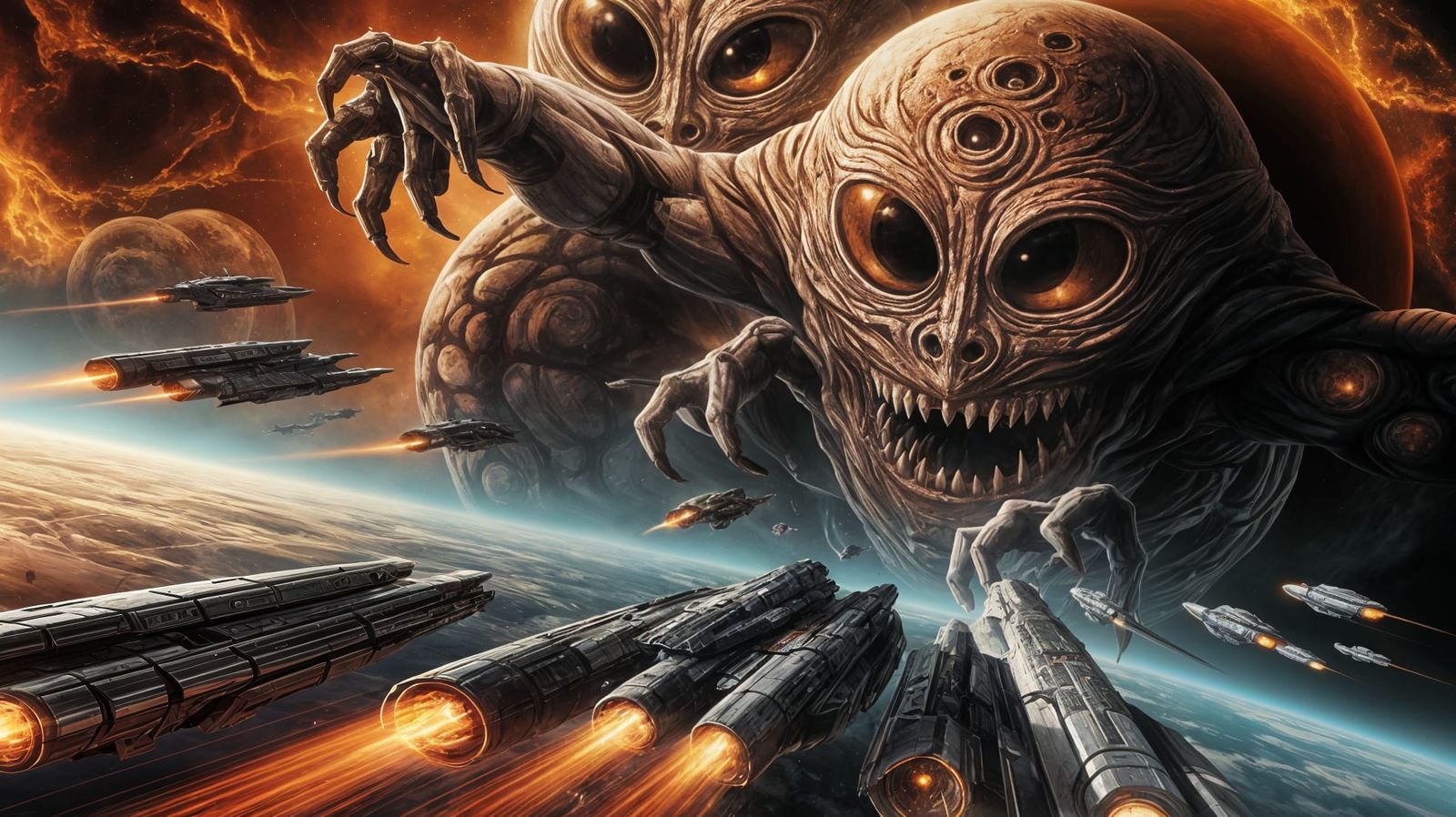 Sleek Spaceships Confront Menacing Dark Planet in High Fanta...