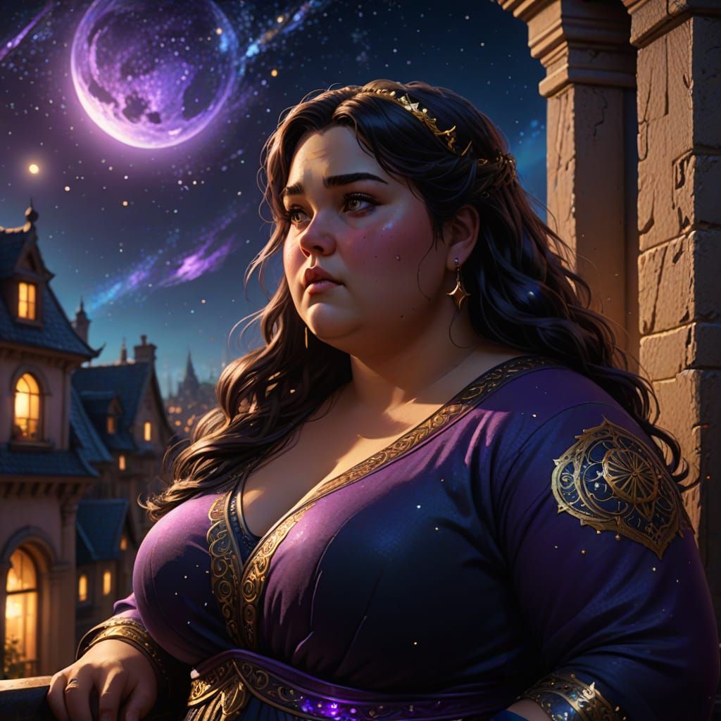 Chubby Woman Gazing at Stars: Fantasy Concept Art