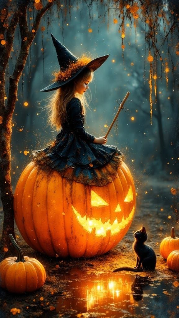 Whimsical Witch Girl on Pumpkin in Glitch Art Style