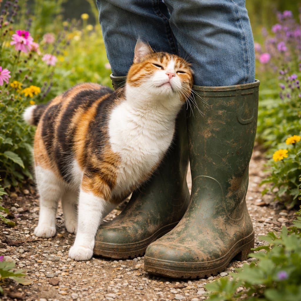 Calico Cat Purring in a Garden Path