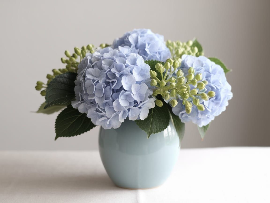 Delicate Hydrangeas in Elegant Pastel Blue Vase