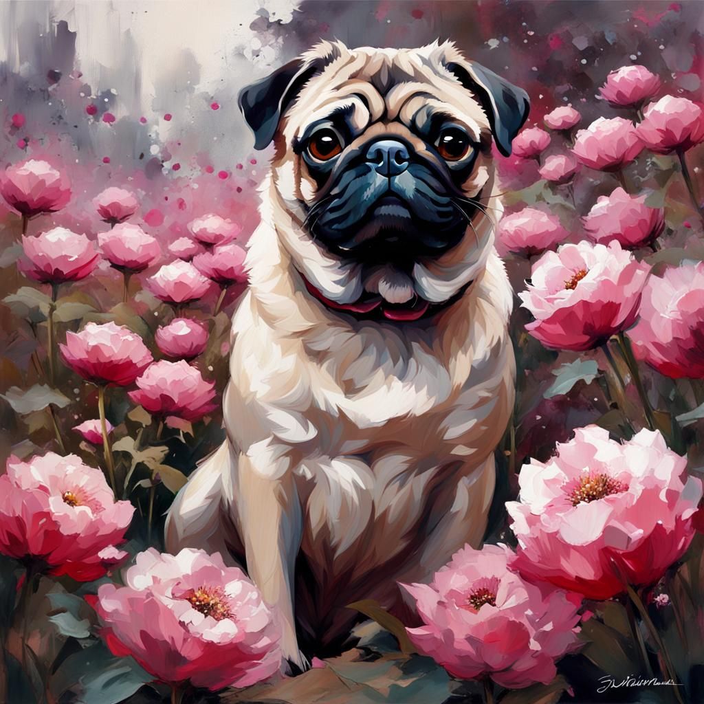 Happy Pug Portrait with Flowers, Oil Painting Style