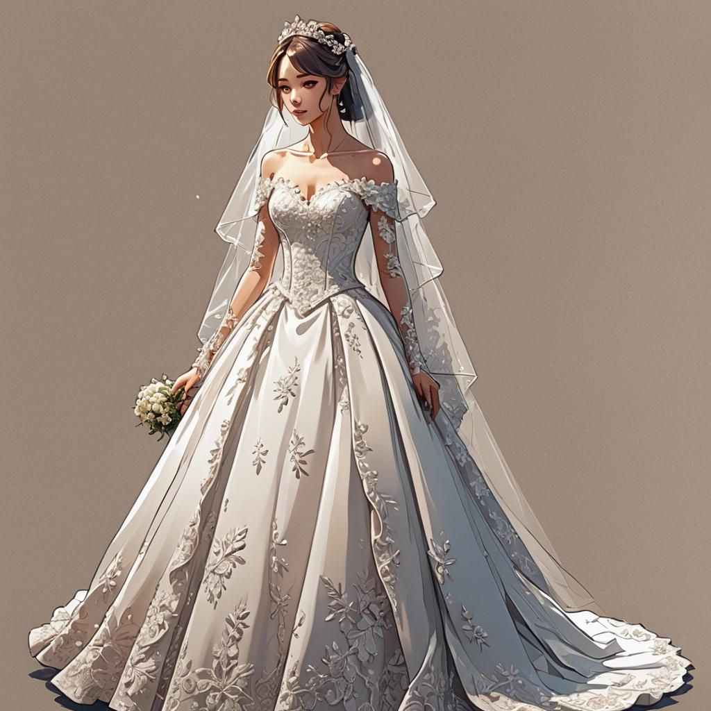 Anime Wedding Dress Sketch in Cel-Shaded Style