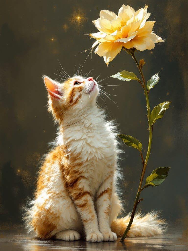 Adorable Cat Under Flower, Masterpiece in Zorn Rockwell Glam...