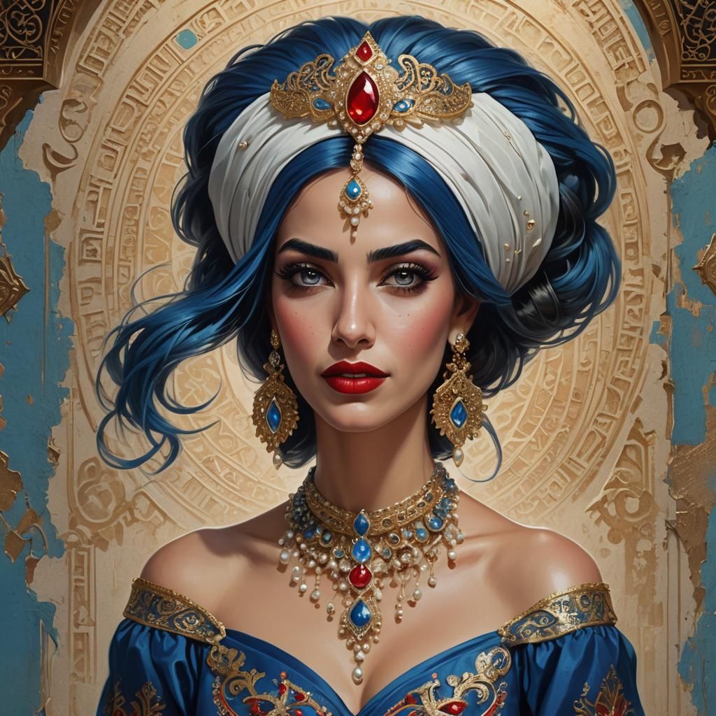Arab Woman with Fire Blue Hair, Detailed Digital Painting