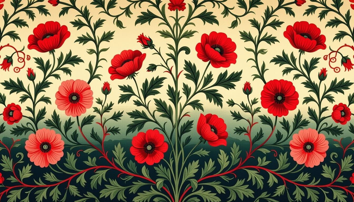 Fiery Red Floral Tapestry in William Morris Style
