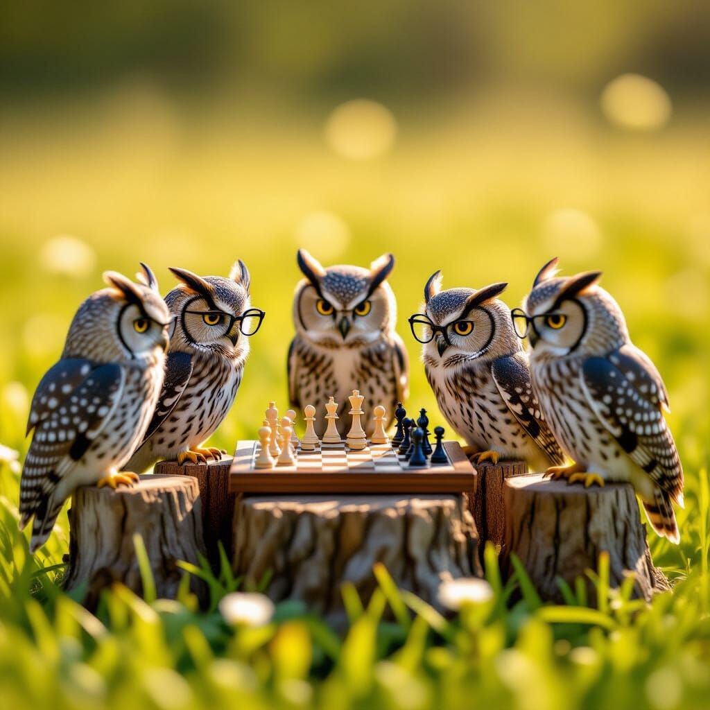 Owls Play Chess in Sunlit Meadow, Miniature Photography Styl...