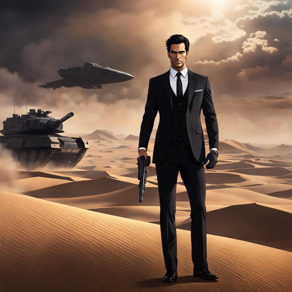 Giant Man in Suit on Battlefield, Detailed Digital Painting