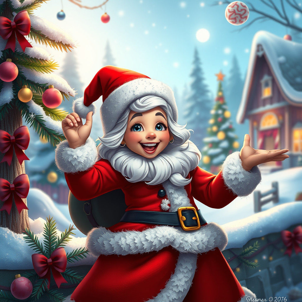 Jolly Santa Lady in Winter Wonderland Cartoon