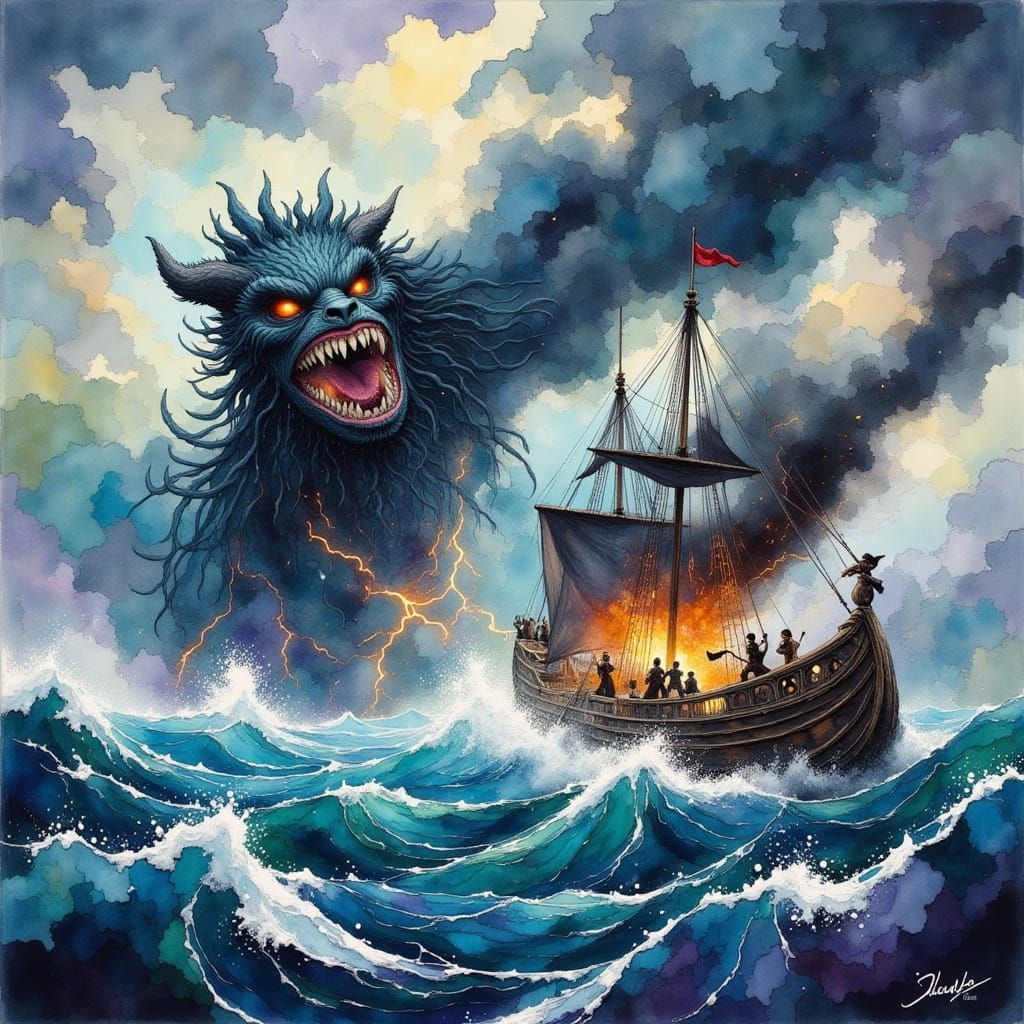 Pirate Ship Battles Colossal Sea Monster in Pixel Art Style