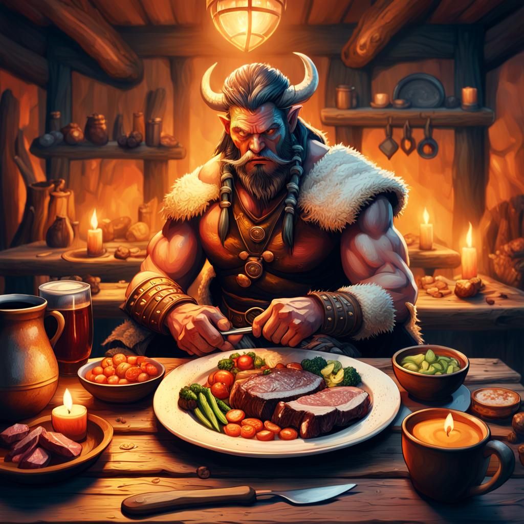 Fantasy Barbarian Enjoying Wild Boar in Tavern