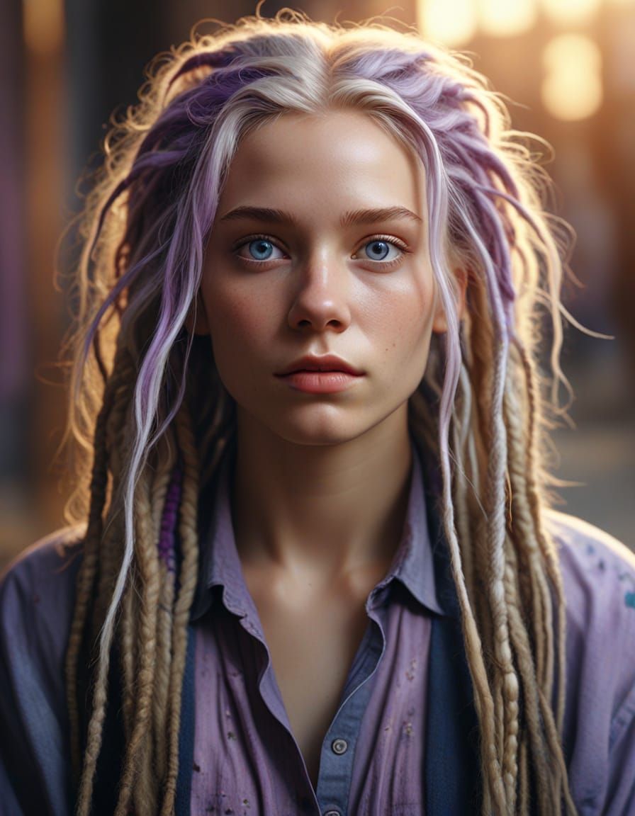 Woman with Platinum Dreadlocks and Sapphire Eyes in Oil Pain...