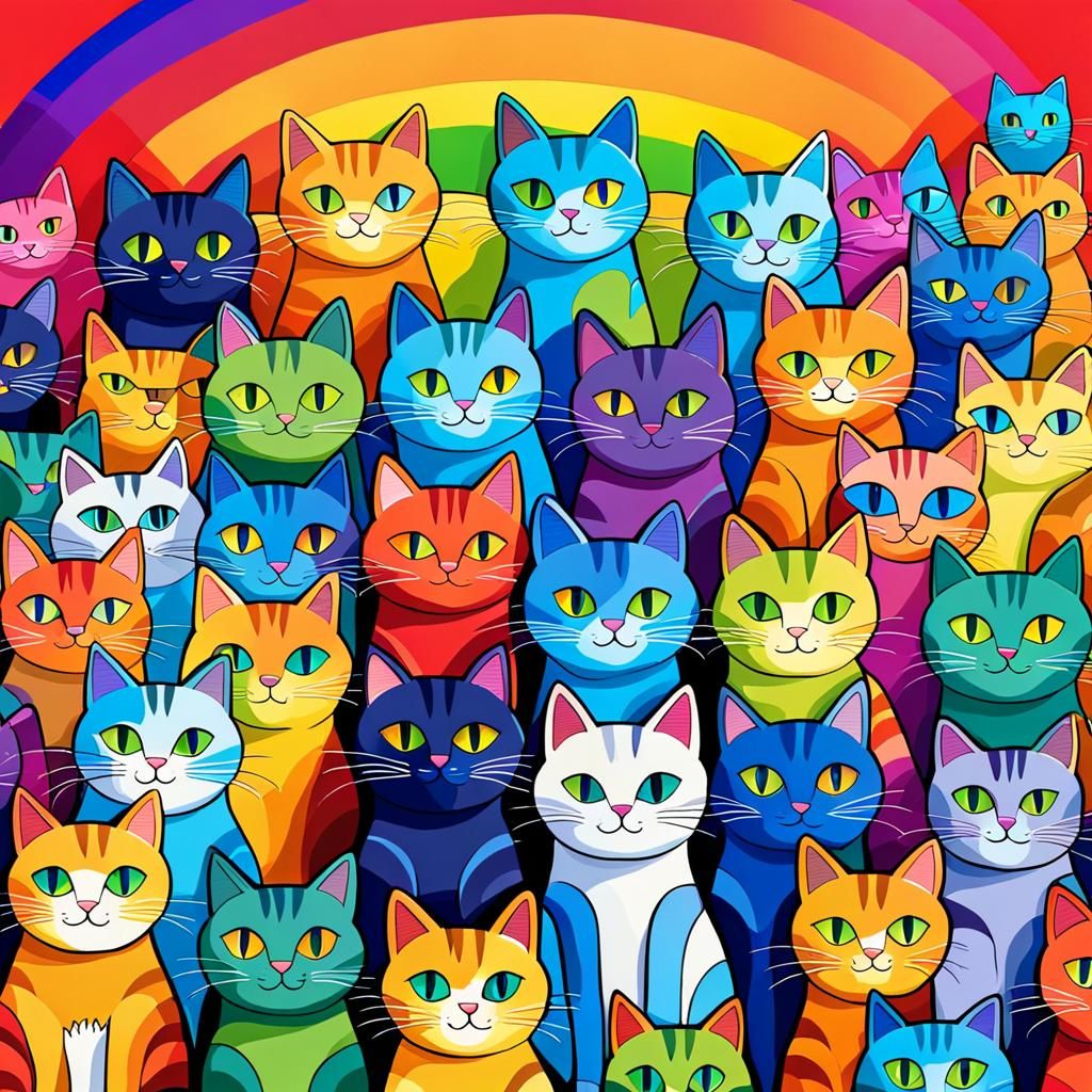 Rainbow Cartoon Cats in Abstract Style