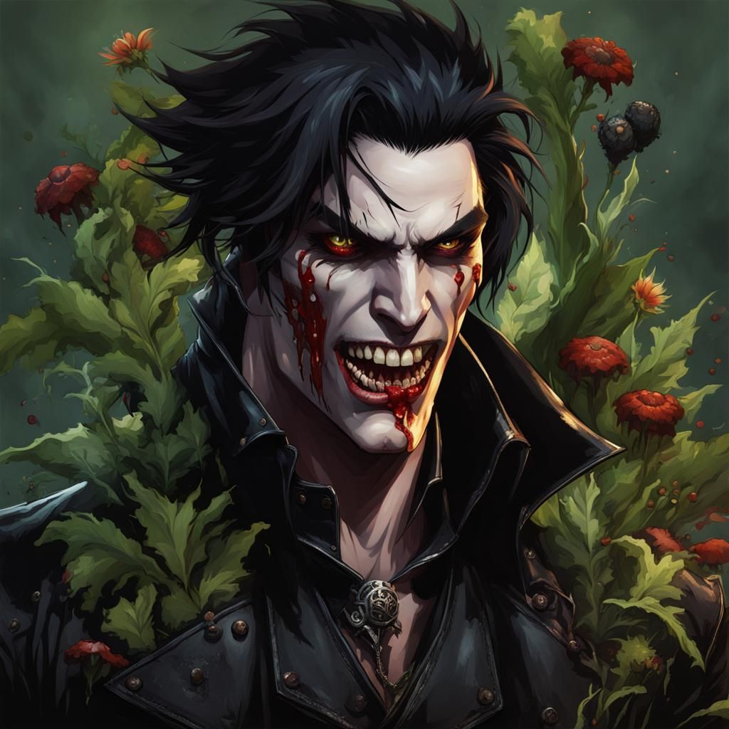 Biopunk Vampire with Dripping Blood and Wild Growth