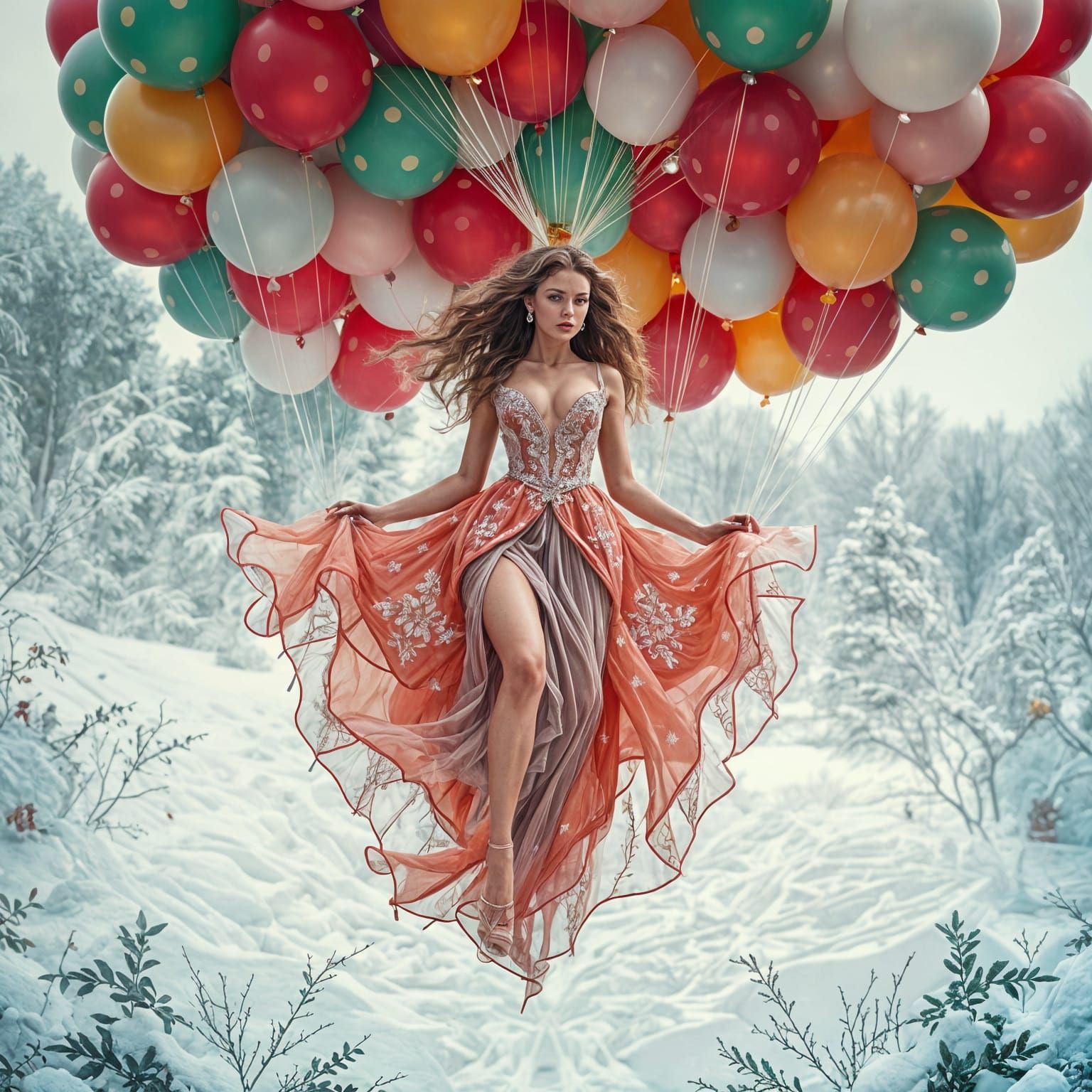 Elegant Woman Suspended in Christmas Wonderland