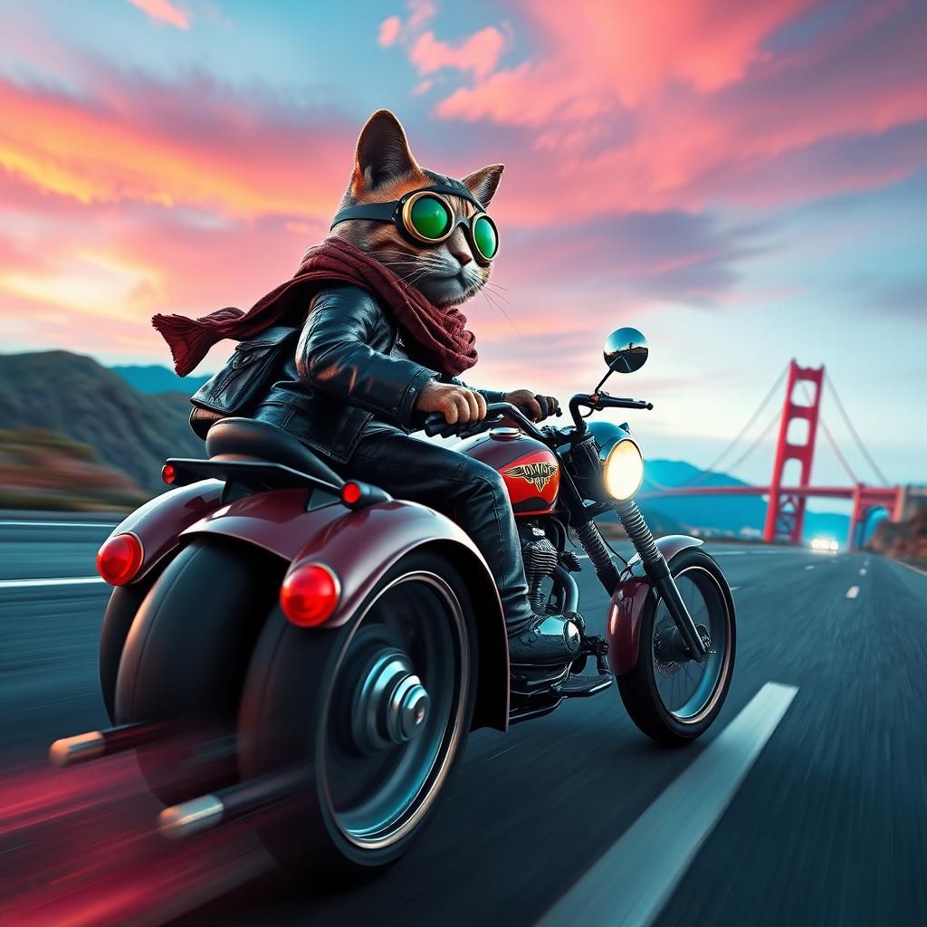 Nomad Cat Rides Motorcycle to Heaven in Cyberpunk Style