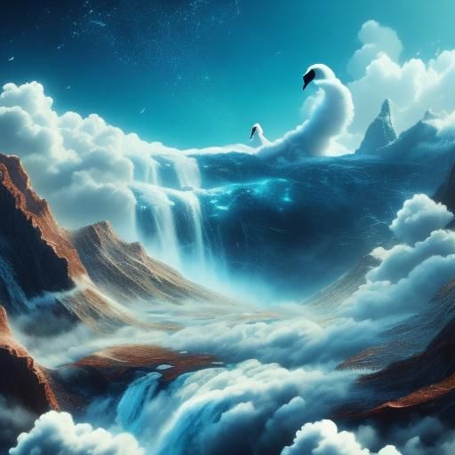 Cloud Swan Soaring Above Fantasy Waterfalls