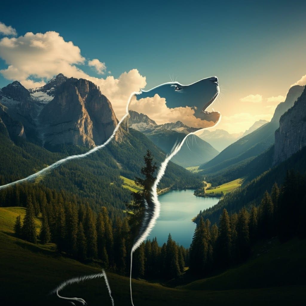 Dog Silhouette Double Exposure in Dream Landscape