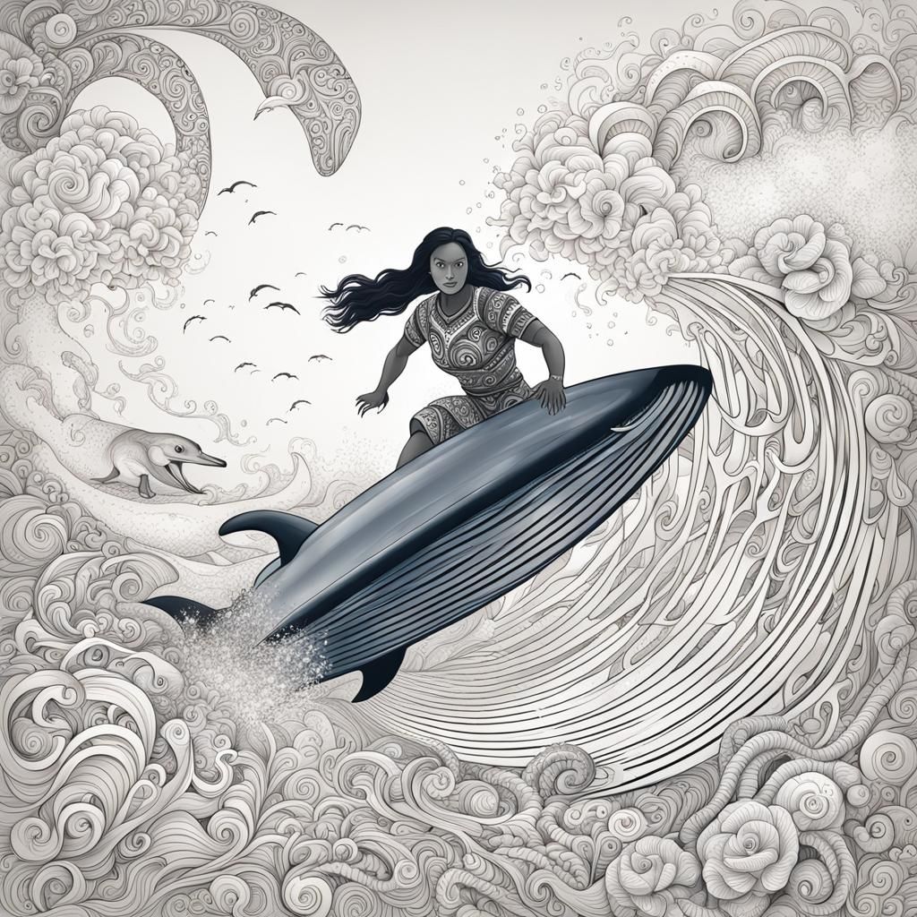 Hawaiian Girl Surfing Dolphin in Abstract Style
