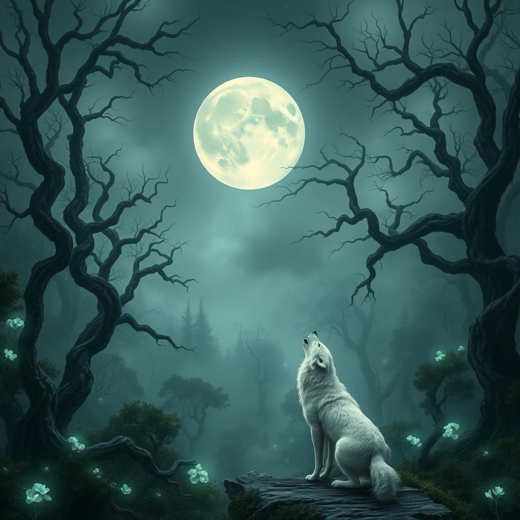Lone Wolf Howls at Ethereal Moon in Misty Forest