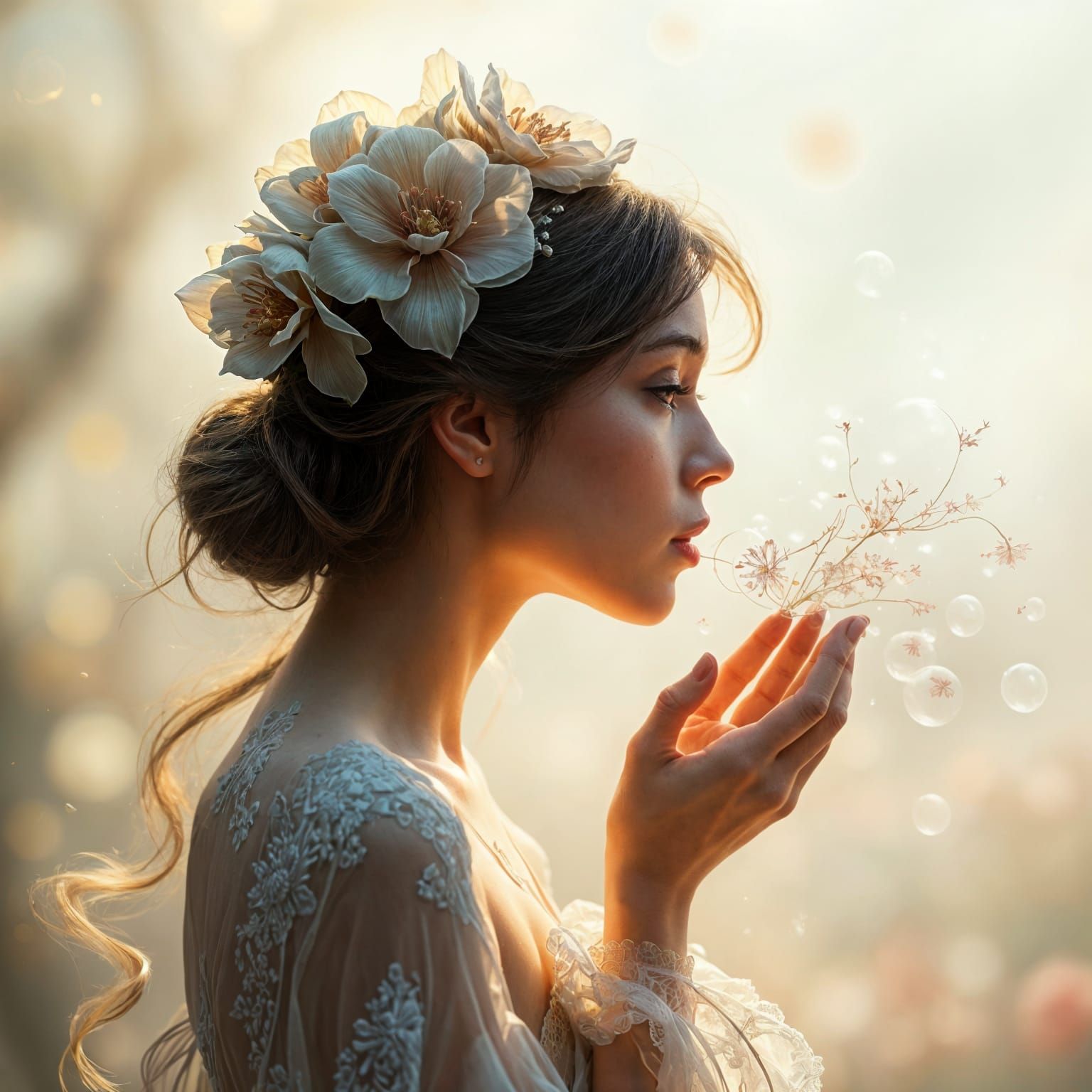Ethereal Woman Blowing Smoky Flower Bubbles