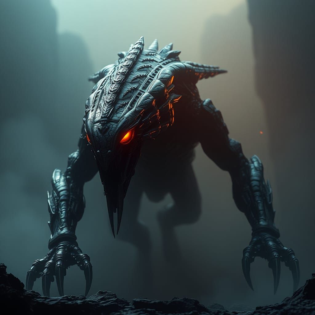 Biomechanical Apex Predator in Dark Metallic Style