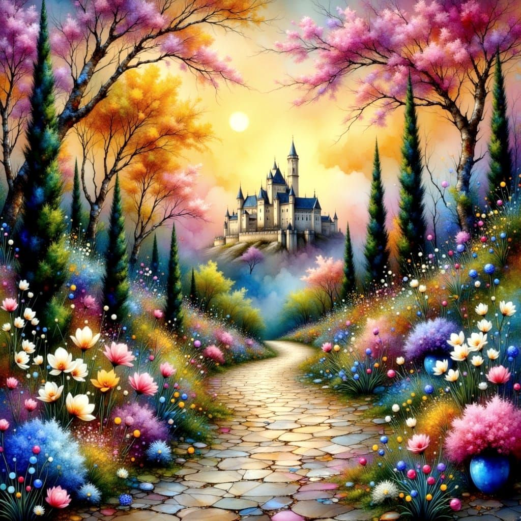 Surreal Italian Garden Scene with Cypress Trees and Majestic...