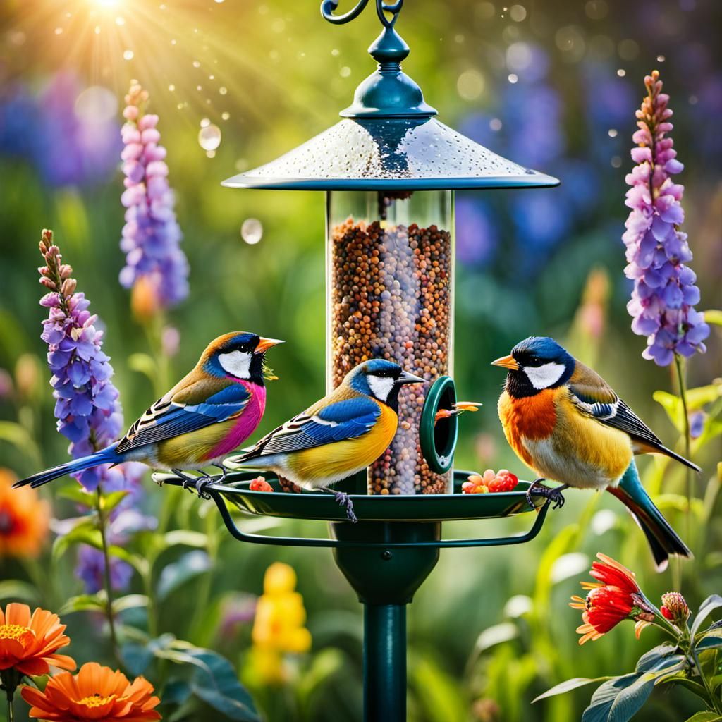 Colorful Birds Feasting in a Spring Garden