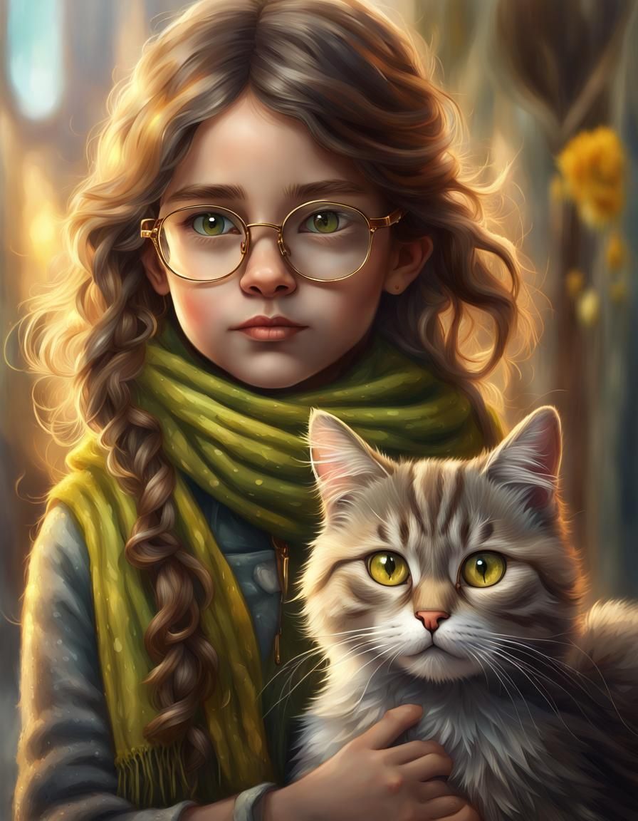 Girl Holds Siberian Cat: Impressionistic Portrait