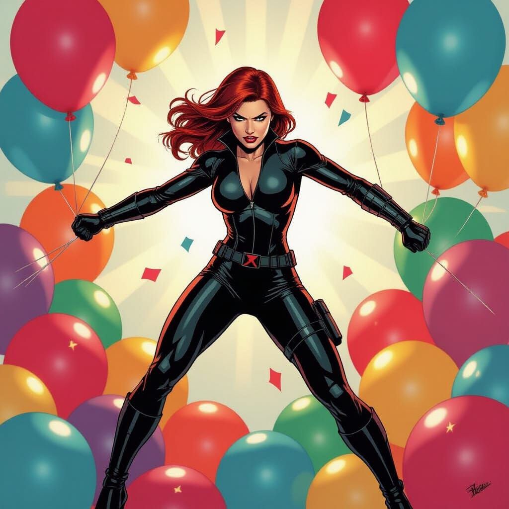 Black Widow Stomping Balloons, Comic Book Art Style